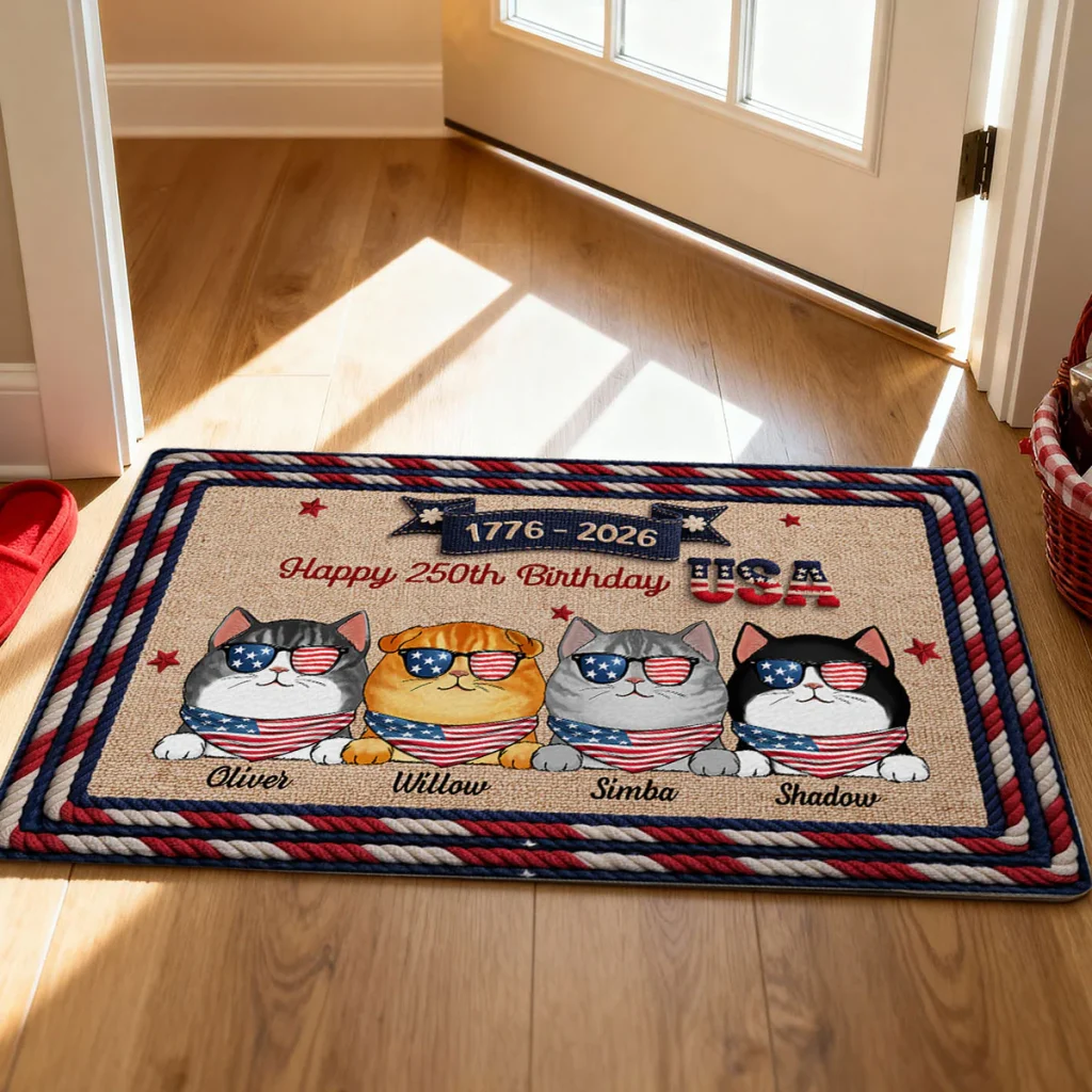 Usa 250th Birthday Patriotic Flag Cat Faux Yarn Pattern - Personalized Doormat - Gift For Cat Lovers
