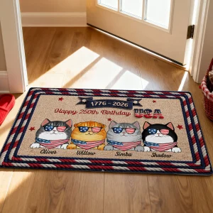Usa 250th Birthday Patriotic Flag Cat Faux Yarn Pattern - Personalized Doormat - Gift For Cat Lovers