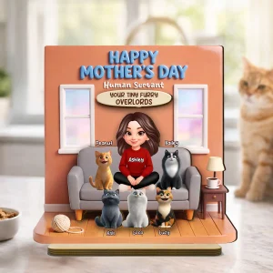 Happy Mother's Day Human Servant - Personalized 2-layered Wooden Plaque - Gift For Cat Moms