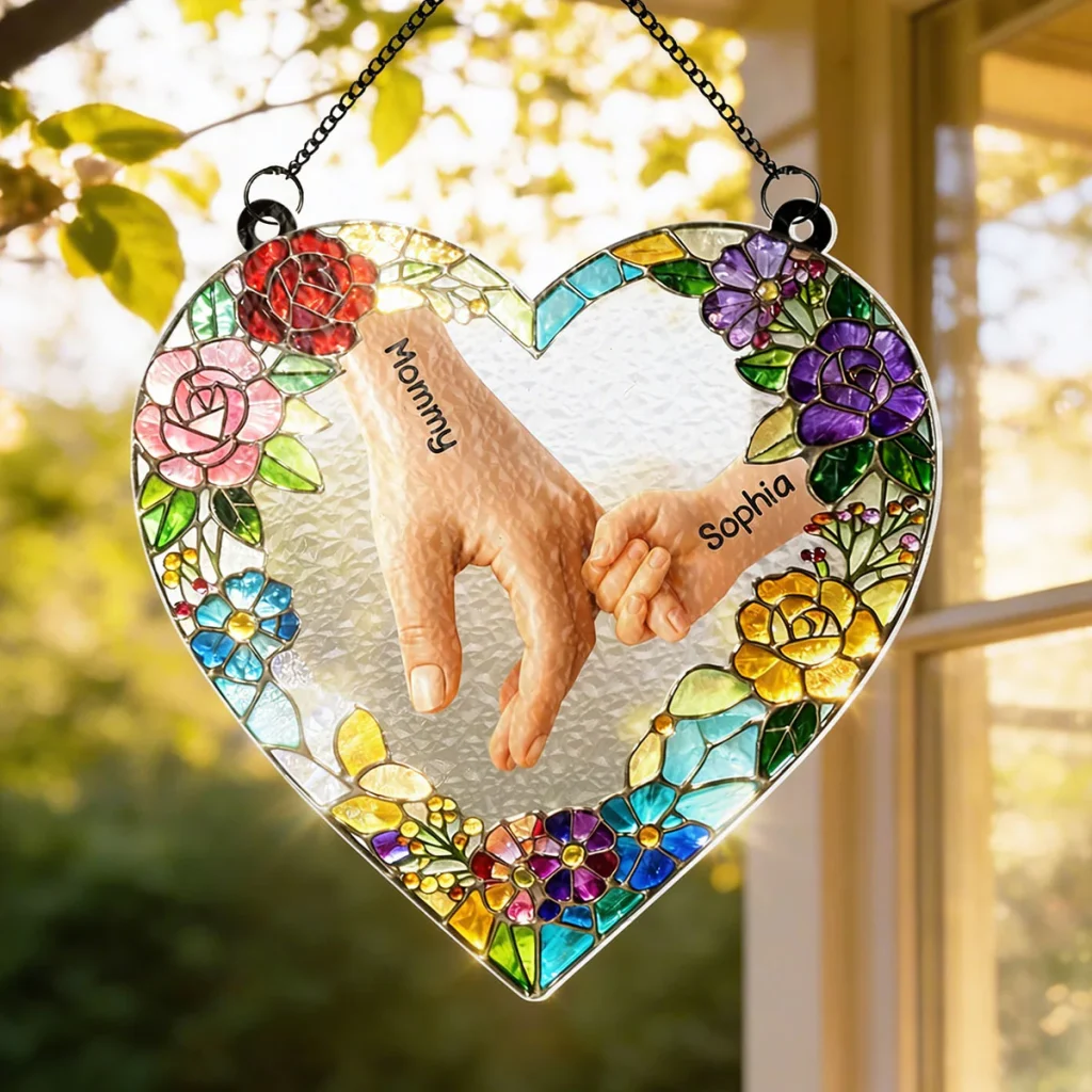 Kids Holding Mom Hand - Personalized Window Hanging Suncatcher - Mother's Day Gift For Mom, Wife