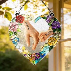 Kids Holding Mom Hand - Personalized Window Hanging Suncatcher - Mother's Day Gift For Mom, Wife
