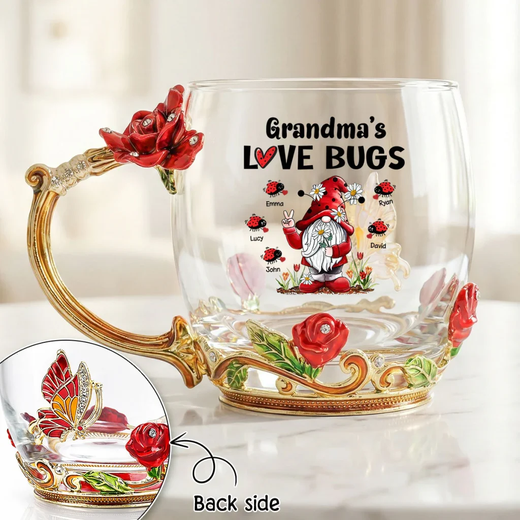Grandma's Love Bugs - Personalized Enamel Flower Tea Cup - Gift For Grandma, Mom