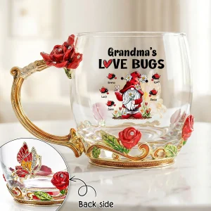 Grandma's Love Bugs - Personalized Enamel Flower Tea Cup - Gift For Grandma, Mom