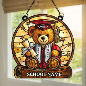 Graduation Teddy Bear With Diploma And Cap - Personalized Suncatcher - Gift For Senior