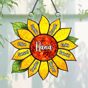 Grandkids Name In Sunflower Daisy - Personalized Suncatcher - Mother's Day Home Decor Gift For Grandma
