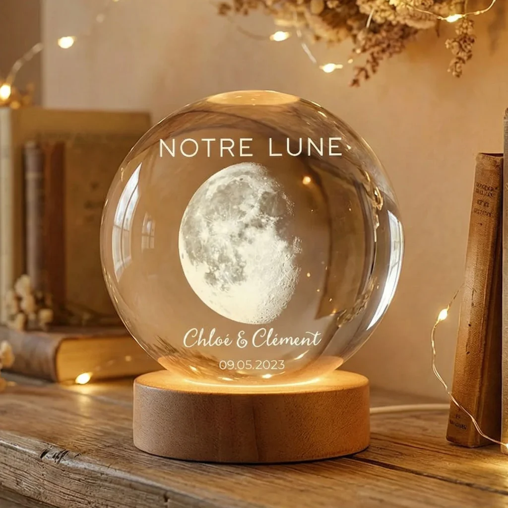 Veilleuse Boule De Cristal Led Personnalisée - Phase De Lune De Votre Jour Spécial - Cadeau Pour Couple