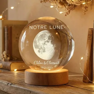 Veilleuse Boule De Cristal Led Personnalisée - Phase De Lune De Votre Jour Spécial - Cadeau Pour Couple