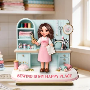 Sewing Is My Happy Place - Personalized 2-layered Wooden Plaque - Gift For Mom, Grandma